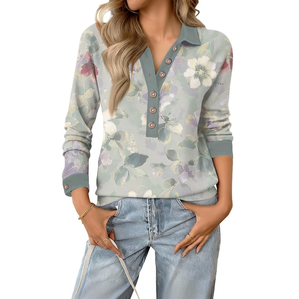 Women's Retro Street Lazy V,neck Long Sleeve Button Floral Print Pullover Top