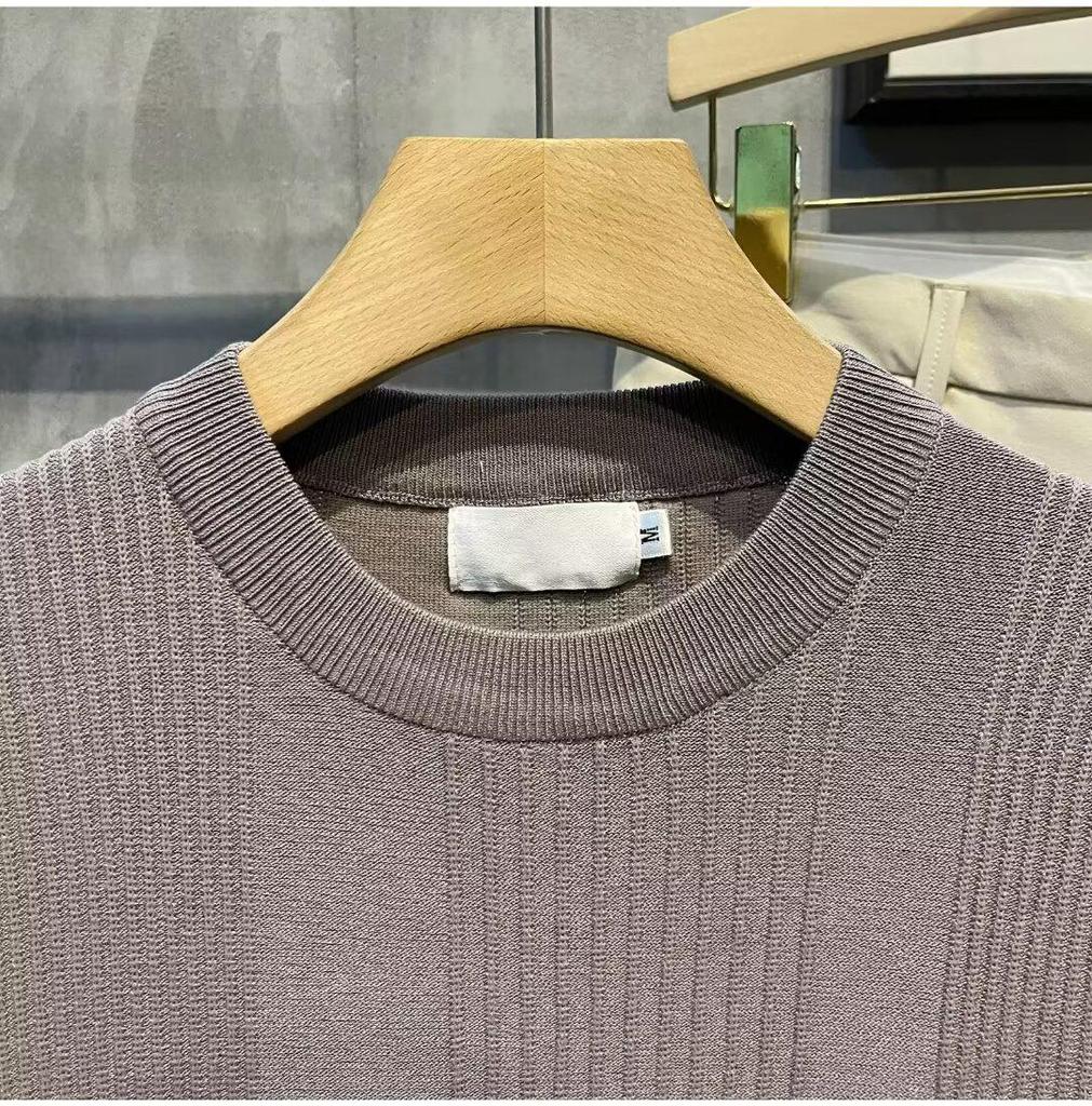 Męski letni T-shirt z dzianiny z krótkim rękawem, dopasowany krój slim fit, okrągły dekolt z lodowego jedwabiu