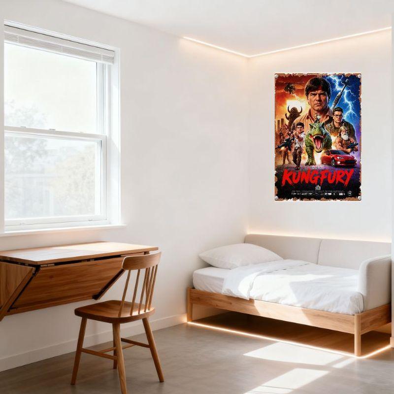 Kung Fury Retro Actionfilm Metallplåtsskylt, Vintage Filmplanschplatta för Hembar Man Cave Dekor, Rolig Actionfilm Väggkonst