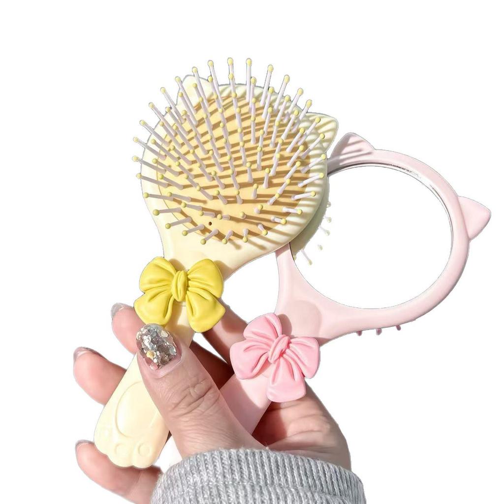 Cute Bow Cat Paw Mirror Comb: Portable 2-in-1 Air Cushion Massage Comb for Soft Girls