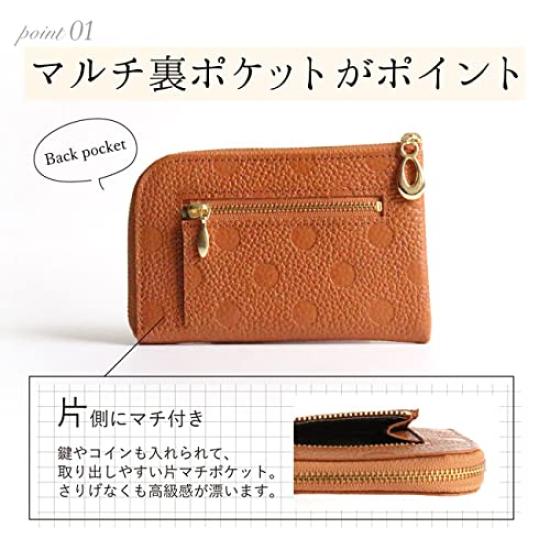 Brave Himeji Leather Mini Wallet with L-Shaped Zipper, Made in Japan, Polka Dot Design, Elegant and Stylish, with Exterior Pocket, Slim Design, Easy