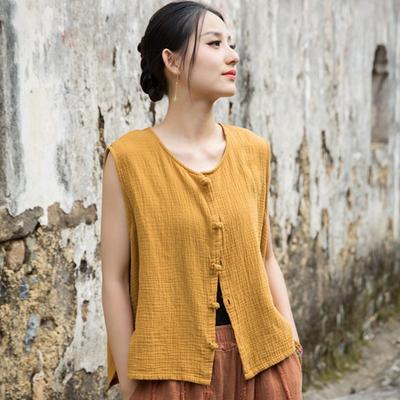 Damen Vintage Oberteile O-Ausschnitt Ärmellos Knopf Einfarbig Kleidung Sommer Locker Tanktops