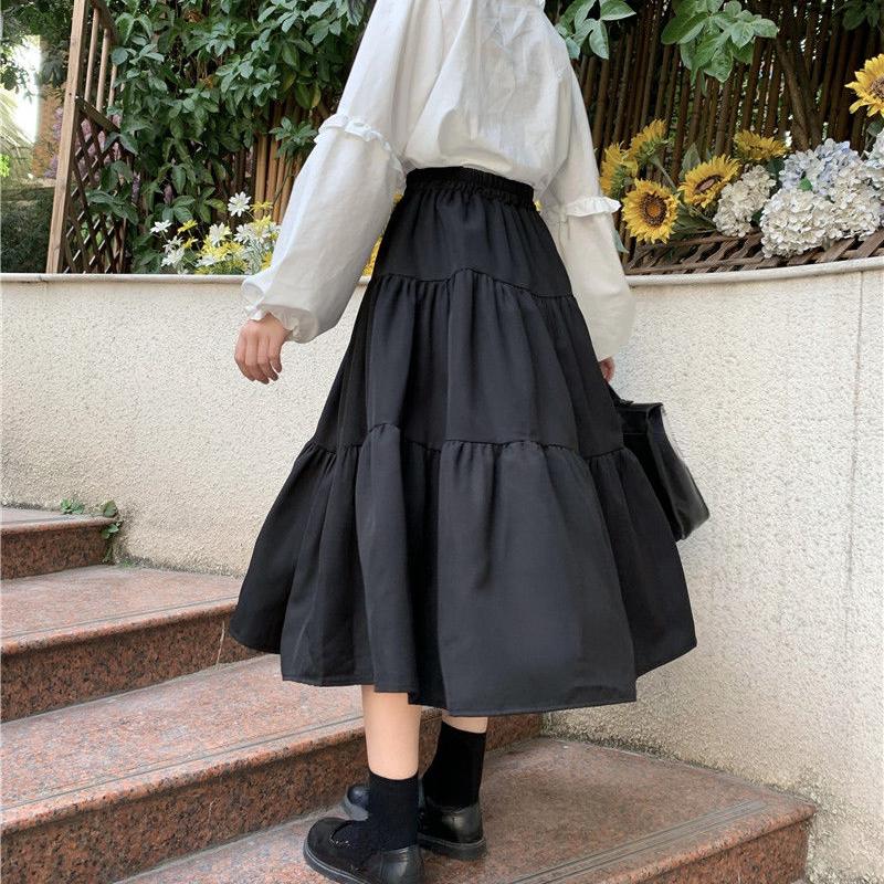 Kawaii Schwarz Langer Rock Damen Japanisch Lolita Niedlich Patchwork Hohe Taille Locker A-Linie Midirock Lässig Herbst Soft Girl