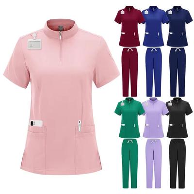 Solid Color Surgical Scrub Set: Stand-up Collar, Zipper Top, Straight Leg Pants