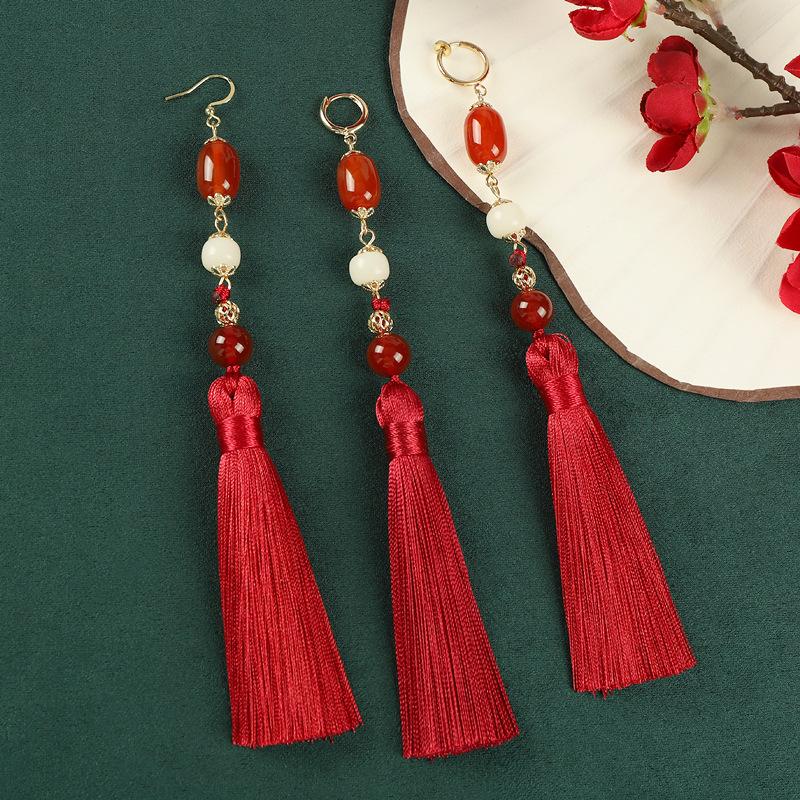 Red Agate Tassel Long Earrings Niche Retro Earrings Chinese Hanfu Earrings Women