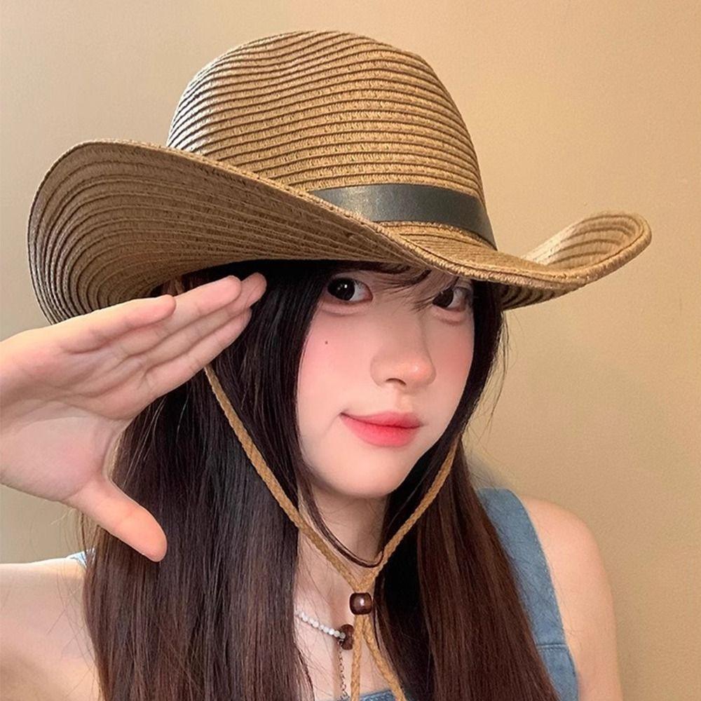 Summer Straw Visor Hat Foldable Sun Protection Cap Fashion Western Cowboy Hat  Vacation