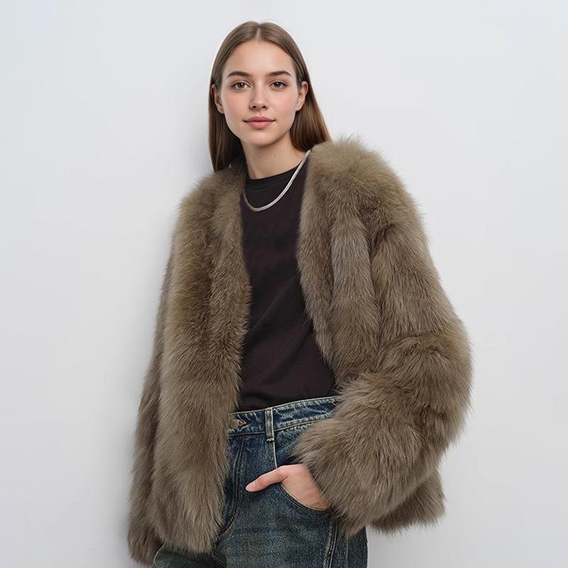 

Women s Short Faux Fur Coat Crew Neck Loose Warm Casual Winter Outerwear S какао кольору