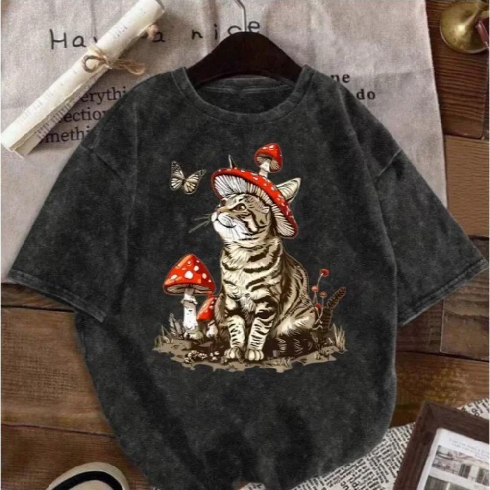 Y2K Style Hip-hop Dancing Cat Star Print T-shirt, Retro Unisex Loose Short Sleeve Graphic Streetwear Tee for Men Women, Summer Casual Tops