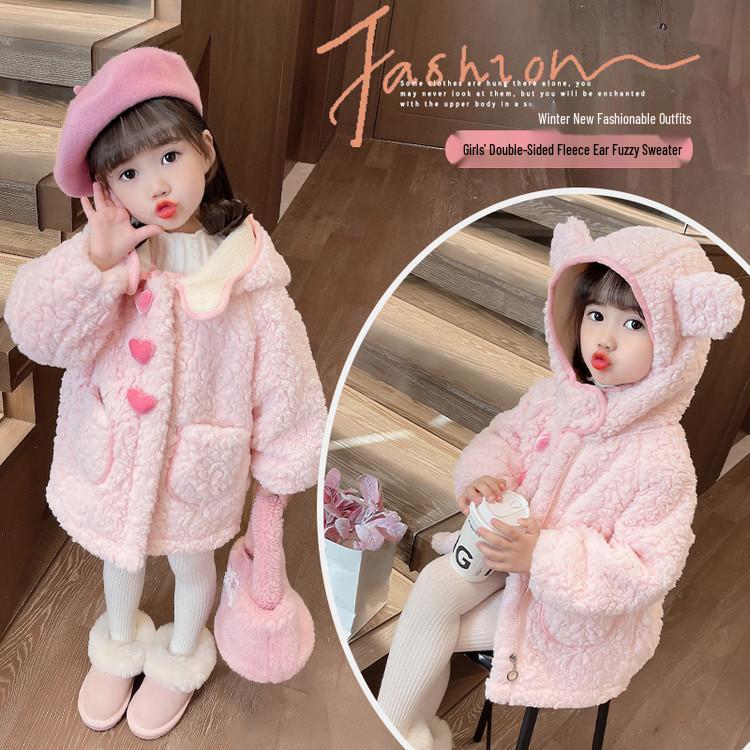 Девочки в корейском стиле Розовое пушистое зимнее пальто с кроличьими ушками 90cm