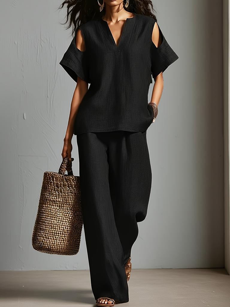 Women Blue Cold Shoulder Two Piece Set V Neck Short Sleeve Top and Wide Leg Pants Summer Casual Tracksuit