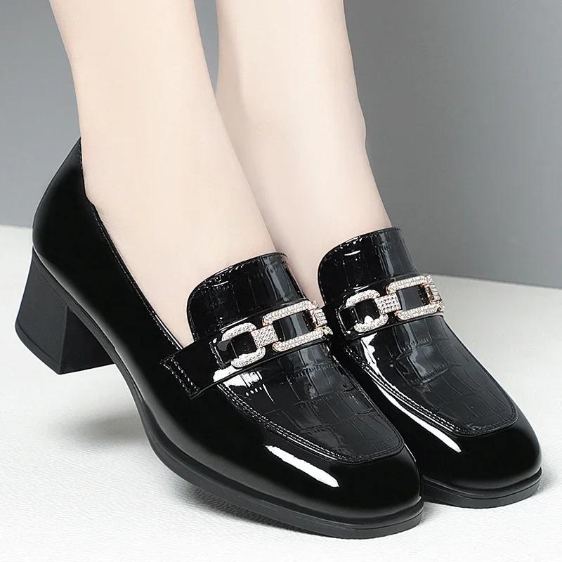 

Fashion Women s Chunky Heel Shoes Spring Autumn New Square Toe Patent Leather Soft Sole High Heels Loafers Fashion Ladies Single Shoes 35 чёрный