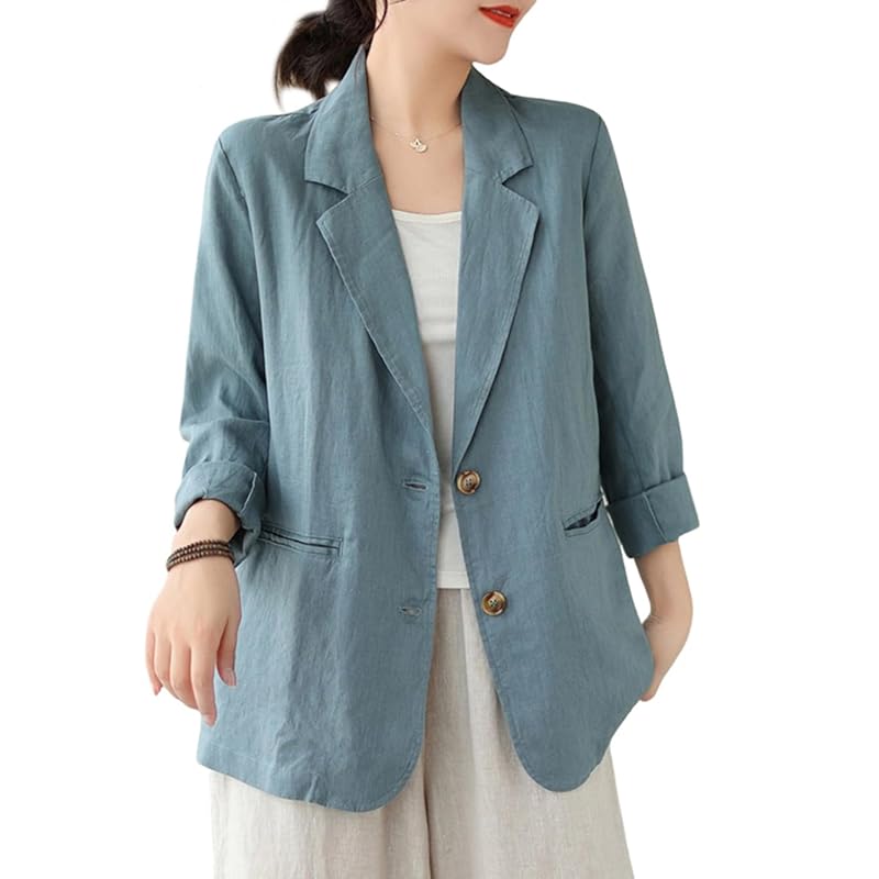 

[JHIJSC] ladies jacket spring formal tailored jacket cotton linen Thin Fashionable big size (JP, alphabet, XL, blue)