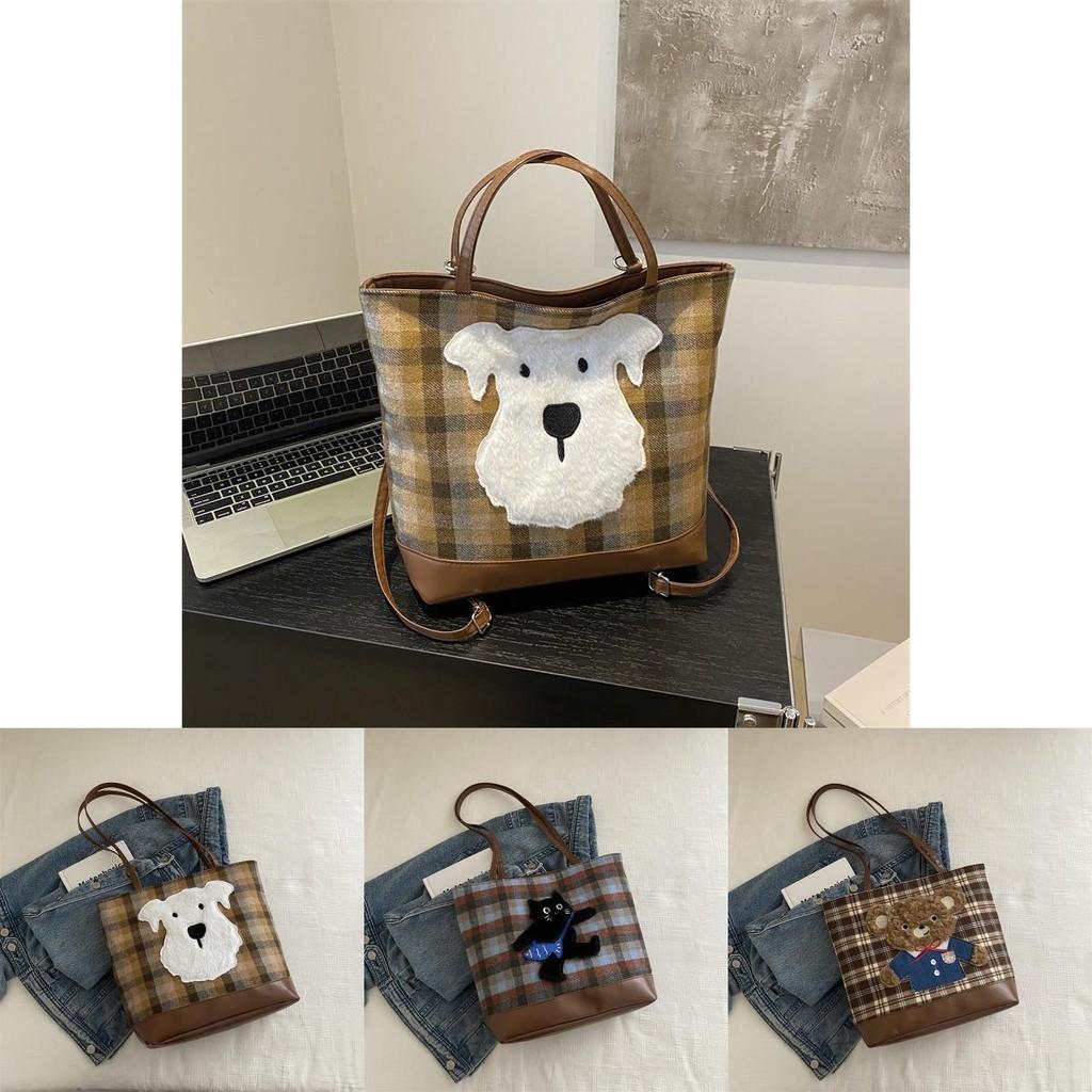 Adorable Trendy Plaid Tote Bag In White Cute Dog Design Perfect For Casual Outings