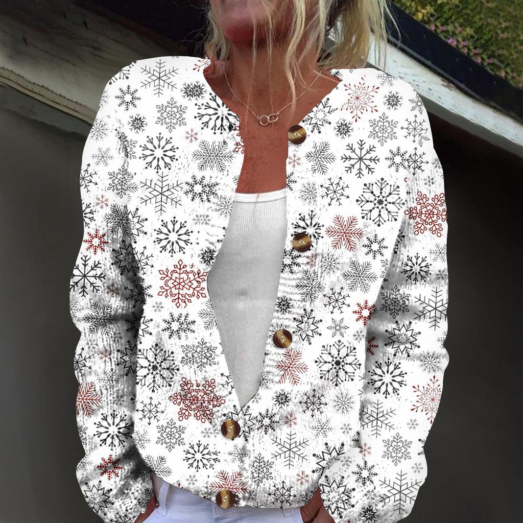Women's Fashion Christmas Print Long Sleeve Knitted Cardigan Button Jacket