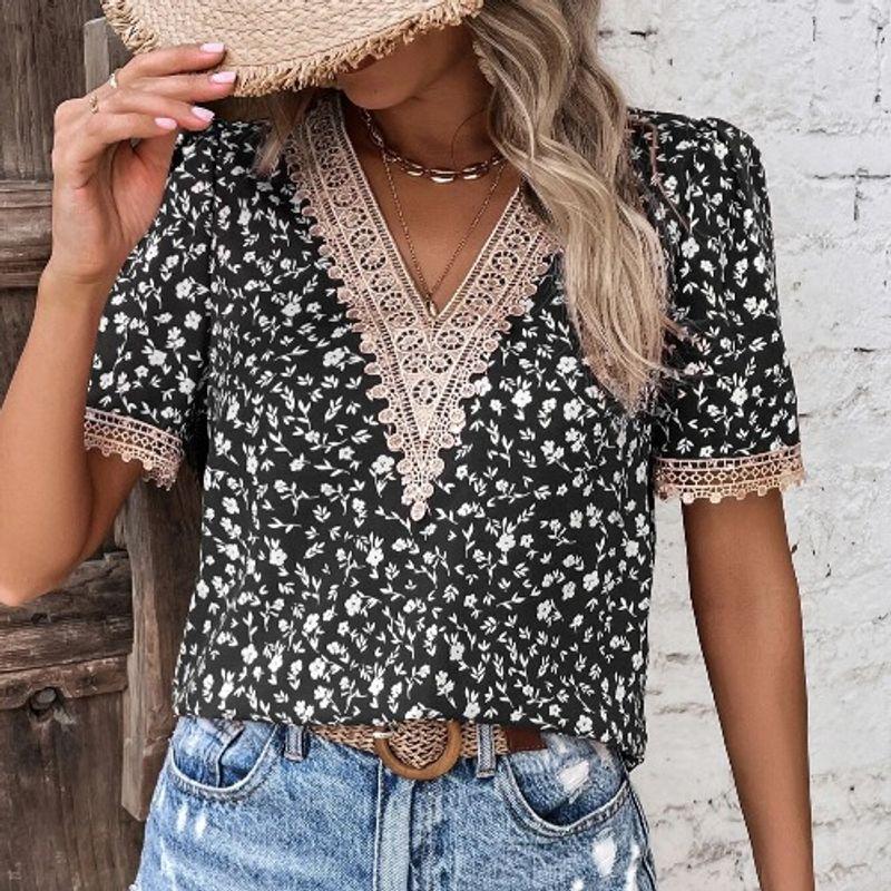 

European Station New Special V-neck Short-Sleeved Top Crocheted Black XL