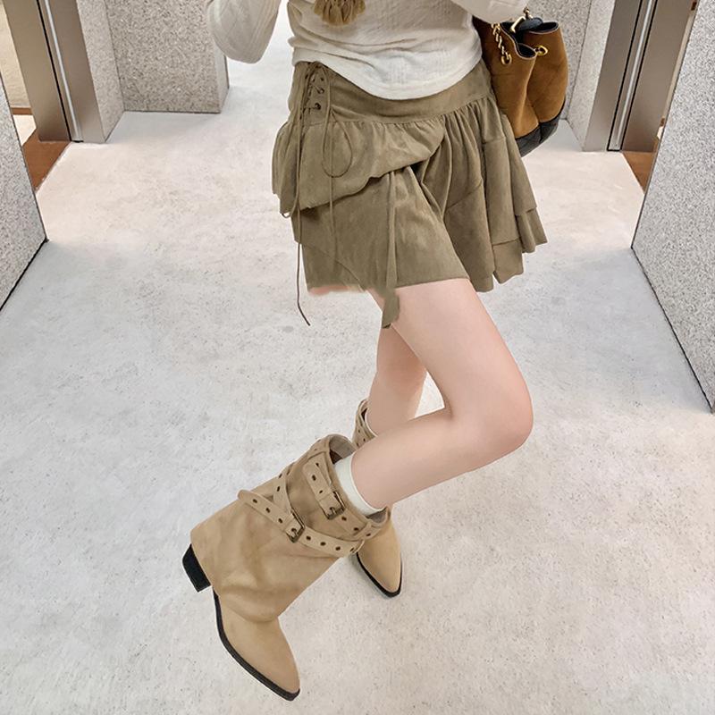 Autumn and Winter New Danish Trouser Boots~ Pointed Buckle 6cm Thick Heel Desert Cowboy Stack Short Boots Women's Western Boots