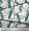 Soimoi Black Poly Crepe Fabric Pink Flower|Branch & Peacock Bird Print Fabric by the Yard 42 Inch