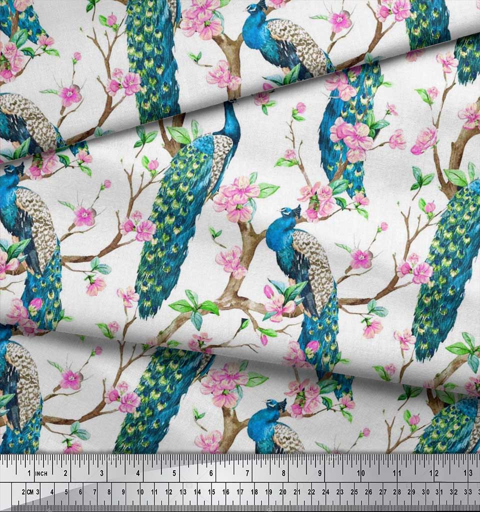 Soimoi Black Poly Crepe Fabric Pink Flower|Branch & Peacock Bird Print Fabric by the Yard 42 Inch