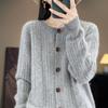 Women's Retro Cable Knit Wool Cardigan — Round Neck, Long Sleeve, 100% Pure Wool, Autumn Winter Sweater, Loose Versatile Fit.