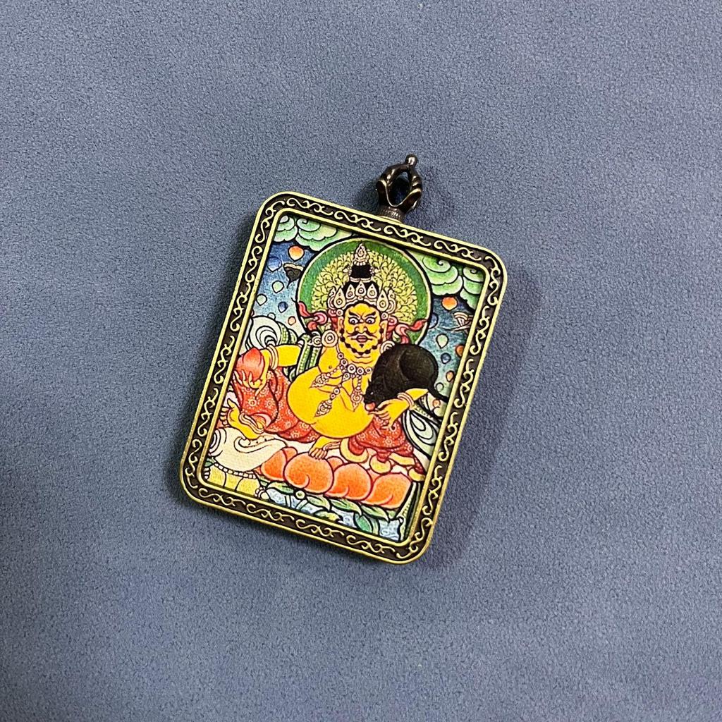 Yellow Jambhala Hand-Painted Thangka Pendant - Artistic Wealth-Attracting Souvenir