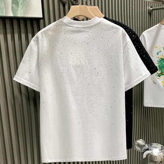 Sommer T-skjorte for menn Rhinestone Dekor Rundhals Løs Pure Farge Kortermet Pullover Uformell Midt Lengde Daglig slitasje Sport Topp