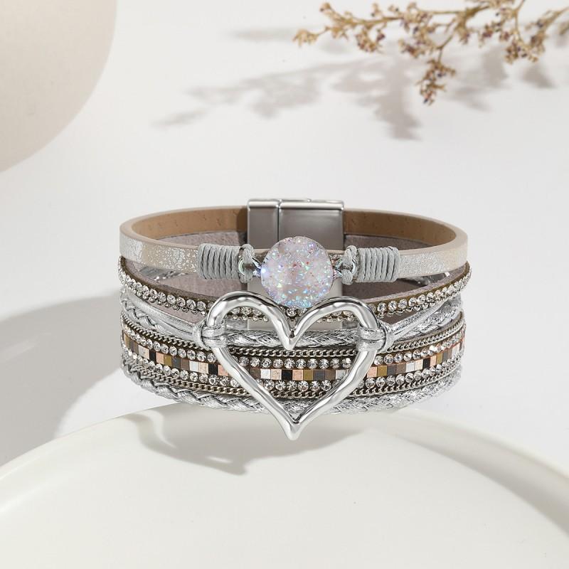Boho Layered Leather Wrap Bracelet With Natural Stone Heart Charm Women