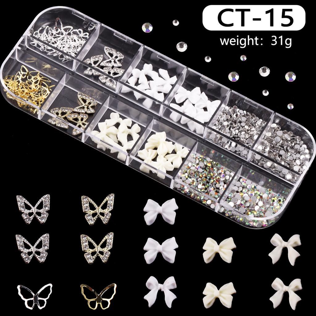 12-Grid Box Nail Art Resin Bow Streamer Ballet Alloy Butterfly Jewelry Diy Accessories