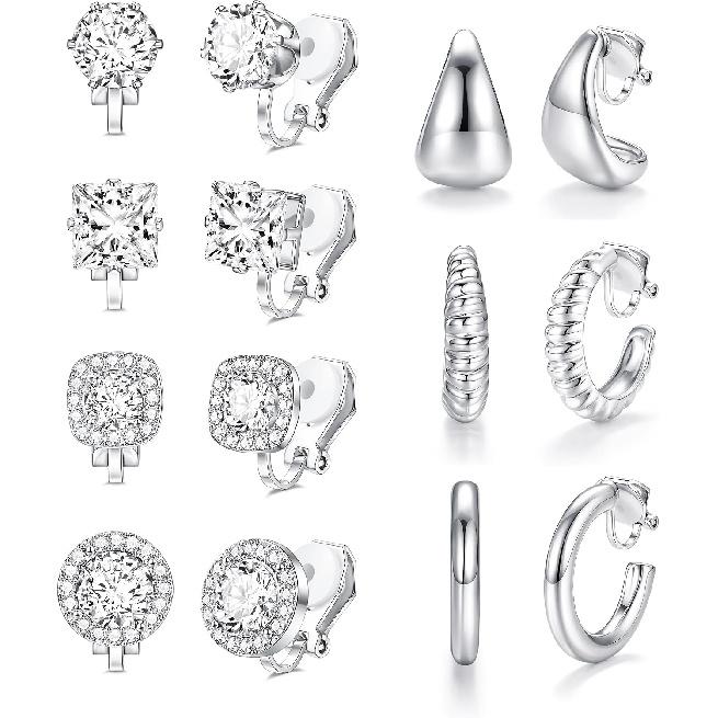 7 Pairs Gold Clip On Earrings for Women | Non Pierced Hypoallergenic Earring CZ Chunky Clip On Hoop Earrings 14K Gold Plated Ear Clips Fake Earring