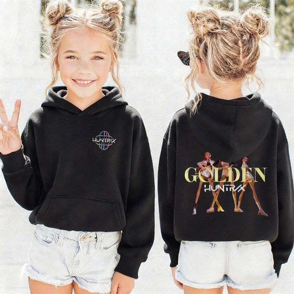 KPop Demon Hunters Golden Pattern Hoodies for Kids Autumn Winter Fashion Movie Children's Girl Hooded Sweatshirts