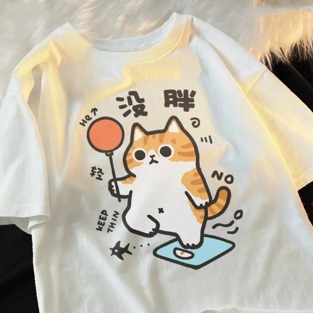 Japanese Fashion Couple Passion Cat Tee Top Women's T-shirt Clothing Street Tops Tees Aesthetic Clothes Casual