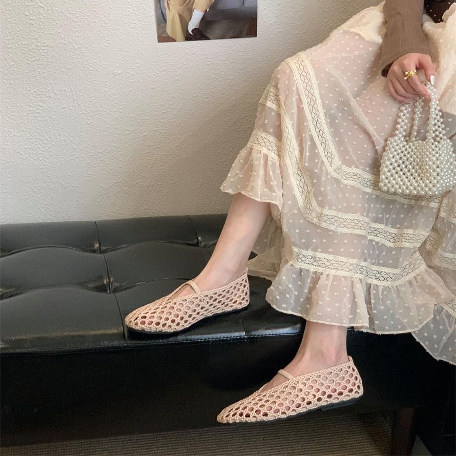 Leather Version~ Round Head Hollow Woven Retro Flat Shoes Women's Sandals One-word Fishing Net Shoes Breathable Shallow Mouth Single Shoes