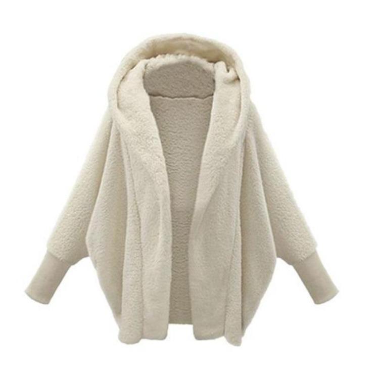 

Winter Coat for Women Hooded Thick Batwing Sleeves Cardigan Pure Color Long Sleeves Soft Elastic Cuff Office Jacket Keep Warm S белый
