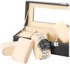 6-Seater Faux Leather Watch Box with Glass Cover - Elegant Black Rectangular Display Case Watches & Jewelry, Soft Suede Lining