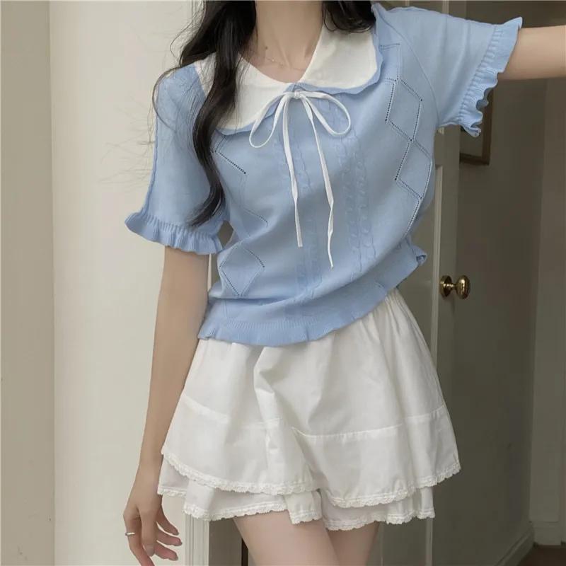 Women Bow Doll Collar Cable Knit Top