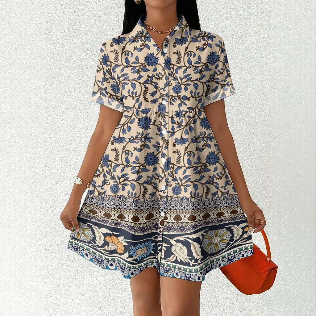 Casual Loose Fit Shirt Dress for Women Button Front Short Sleeve Collared Dress with Printed Hemline Border Design
