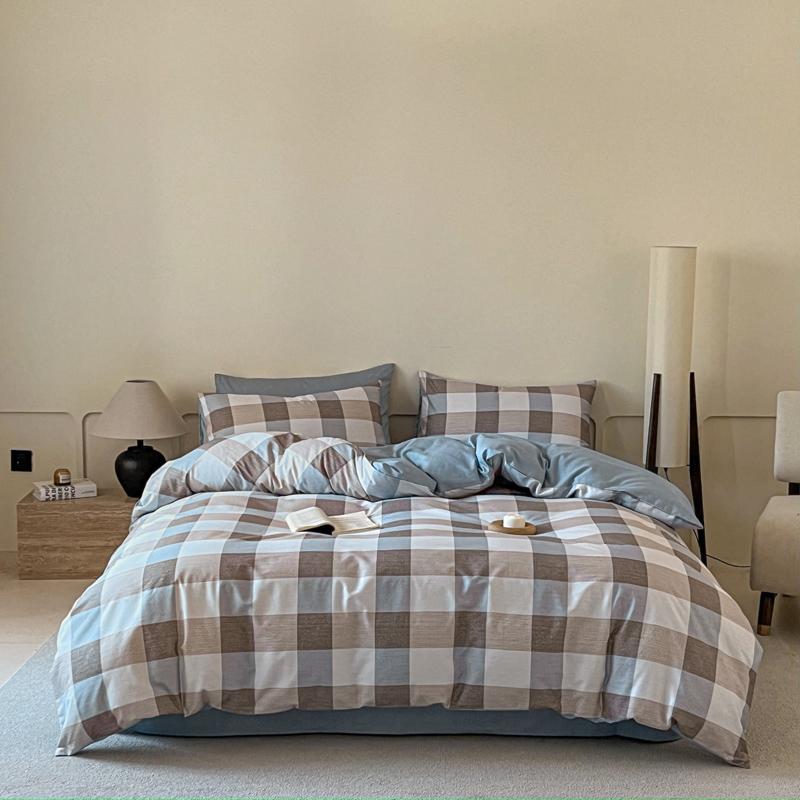 100% Cotton 3 Piece Bedding Set Soft Duvet Cover with 2 Pillowcases Solid Striped Checkered Print Skin Friendly