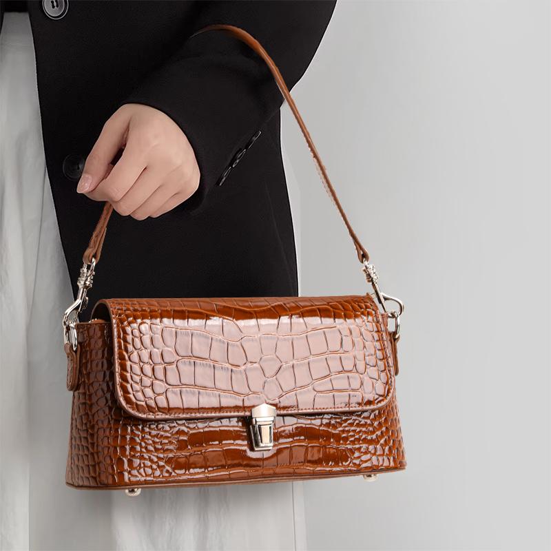 Aidrani Crocodile Pattern Brown Shoulder Bag Retro Flap Handbag with Metal Lock