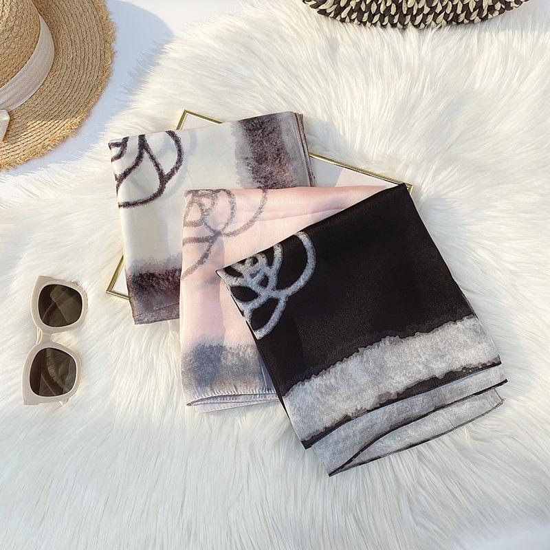 Silky  Scarf Color Contrast Satin Scarf Flower Printed Sunscreen Mid-length Scarf