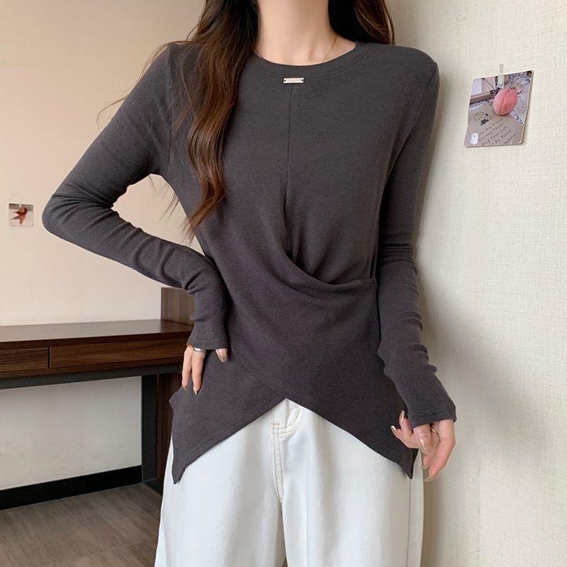 

Футболка из чистого хлопка с длинными рукавами, женская рубашка большого размера на весну и осень, корейский модный универсальный топ для похудения S серый