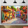 Colorful Mexican Village Tapestry, Bright Street with Cacti & Flowers Background Cloth, Home Decor