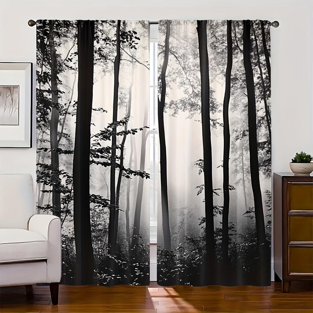 2pcs Black and White Forest Fog Print Curtains   Modern Polyester Rod Pocket Curtains   Suitable for Kitchen   Office   Bedroom
