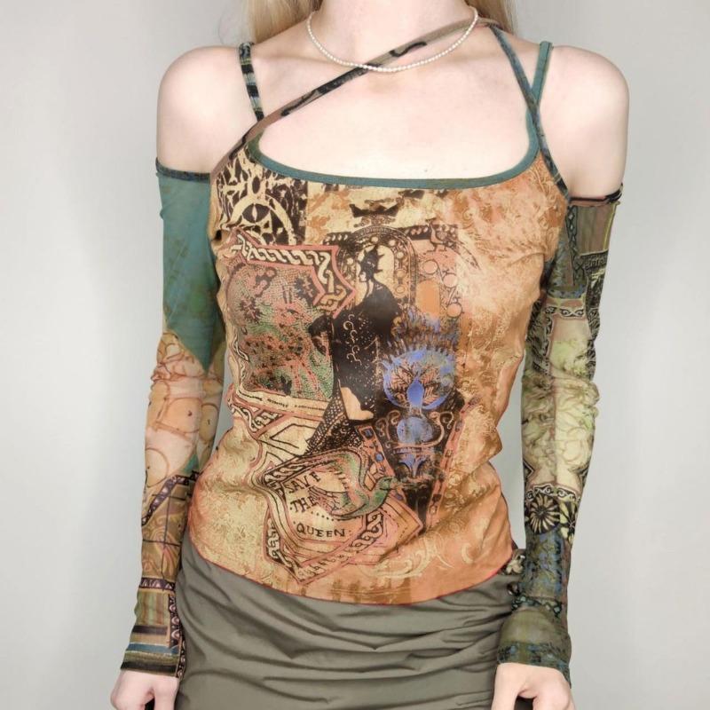 French Retro Printed Mesh Long-sleeved T-shirt with Straps Slim Fit and Personalized Printed Versatile Off-shoulder Top