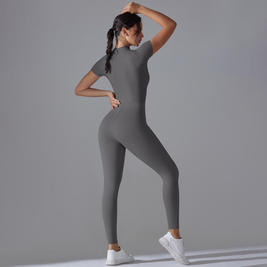 European-American Open-Neck Zipper Jumpsuit: Sexy, Tight-Fitting Short-Sleeve Dance & Yoga Bodysuit for Women