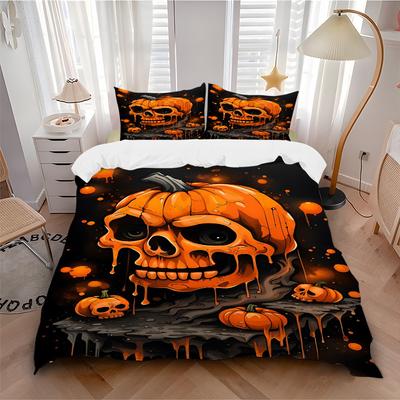 3pcs Halloween Pumpkin Skull Duvet Cover Set, Cover For Bedroom Guest Room (1 Duvet Cover + 2 Pillowcase, Without Quilt),  Yy250922236