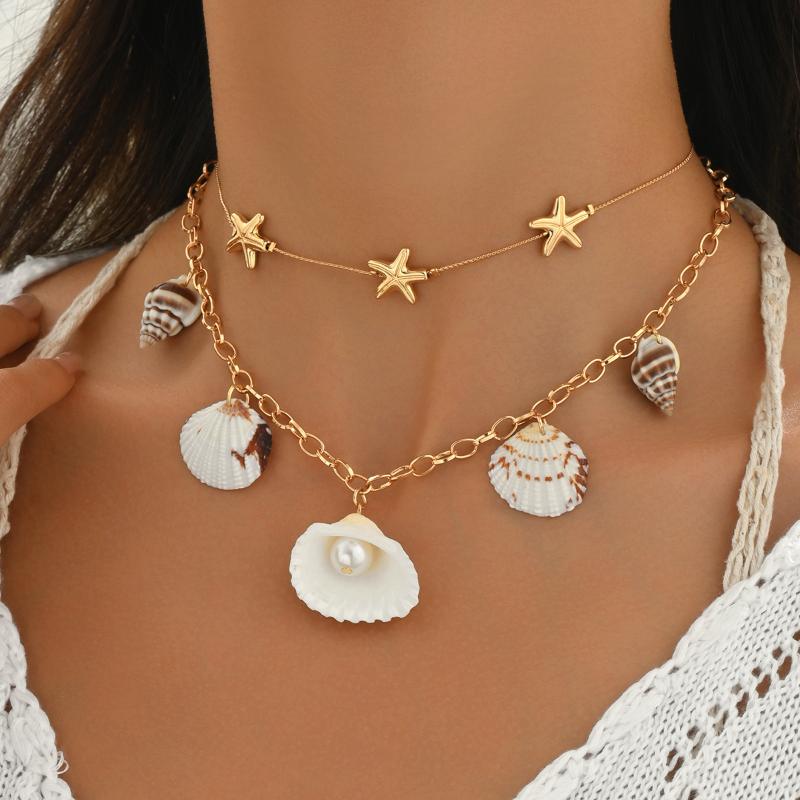 Bohemia Gold Plated Double Layer Shell Necklace For Women Starfish Conch Scallop Pendant Choker Summer Beach Jewelry Accessories