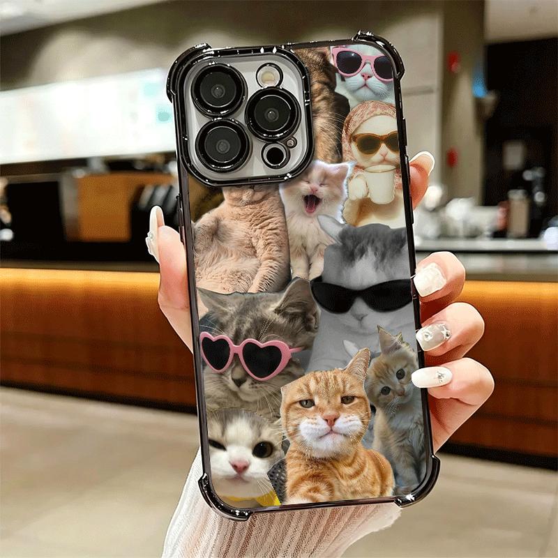Crying Cats Combine Memes Plating Phone Case For Iphone 16 17 Pro Max Air 16E 14 15 Plus 12 13 Mini Anti-Fall Airabag Cover