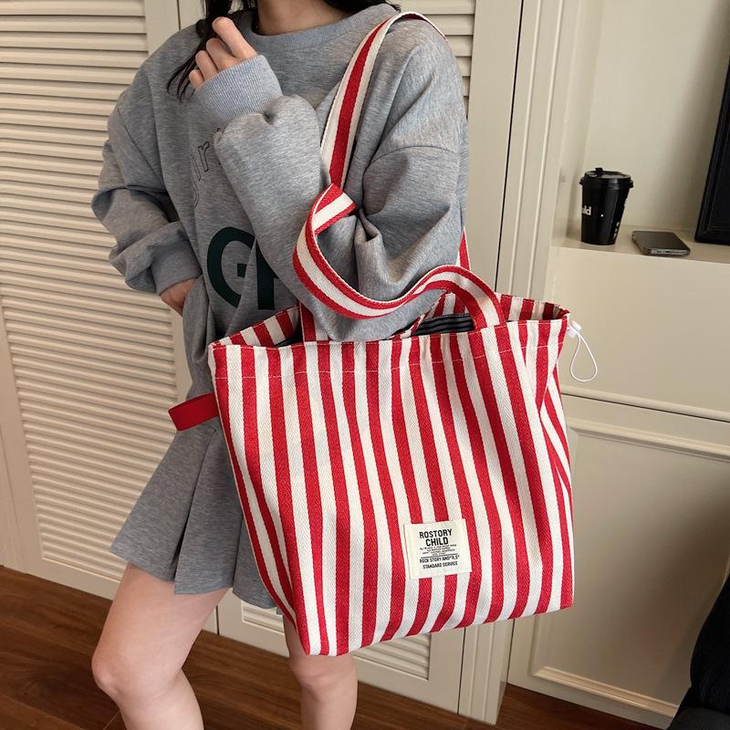 Large Capacity Striped Tote Bag Women's 2025 Fashion Commuter Double-sided Canvas Bag Korean Simple Shoulder Oblique Span Bag