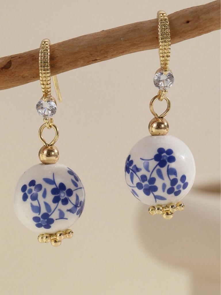 Vintage Blue Floral Porcelain Bead Earrings, Women'S Hand-Painted Ceramic Pendant Earrings, Everyday Bohemian Style Jewelry Gift Set.