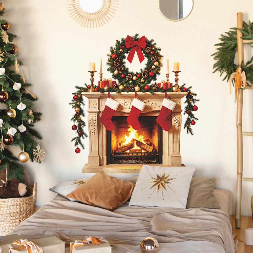 Christmas 3D Simulation Fireplace, Christmas Socks, Bedroom, Living Room, Entrance Hall Decoration Wall Stickers