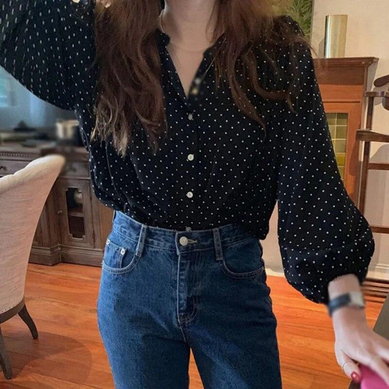 قمصان نسائية بلوزة شيفون بأكمام طويلة ورقبة دائرية وصدر واحد